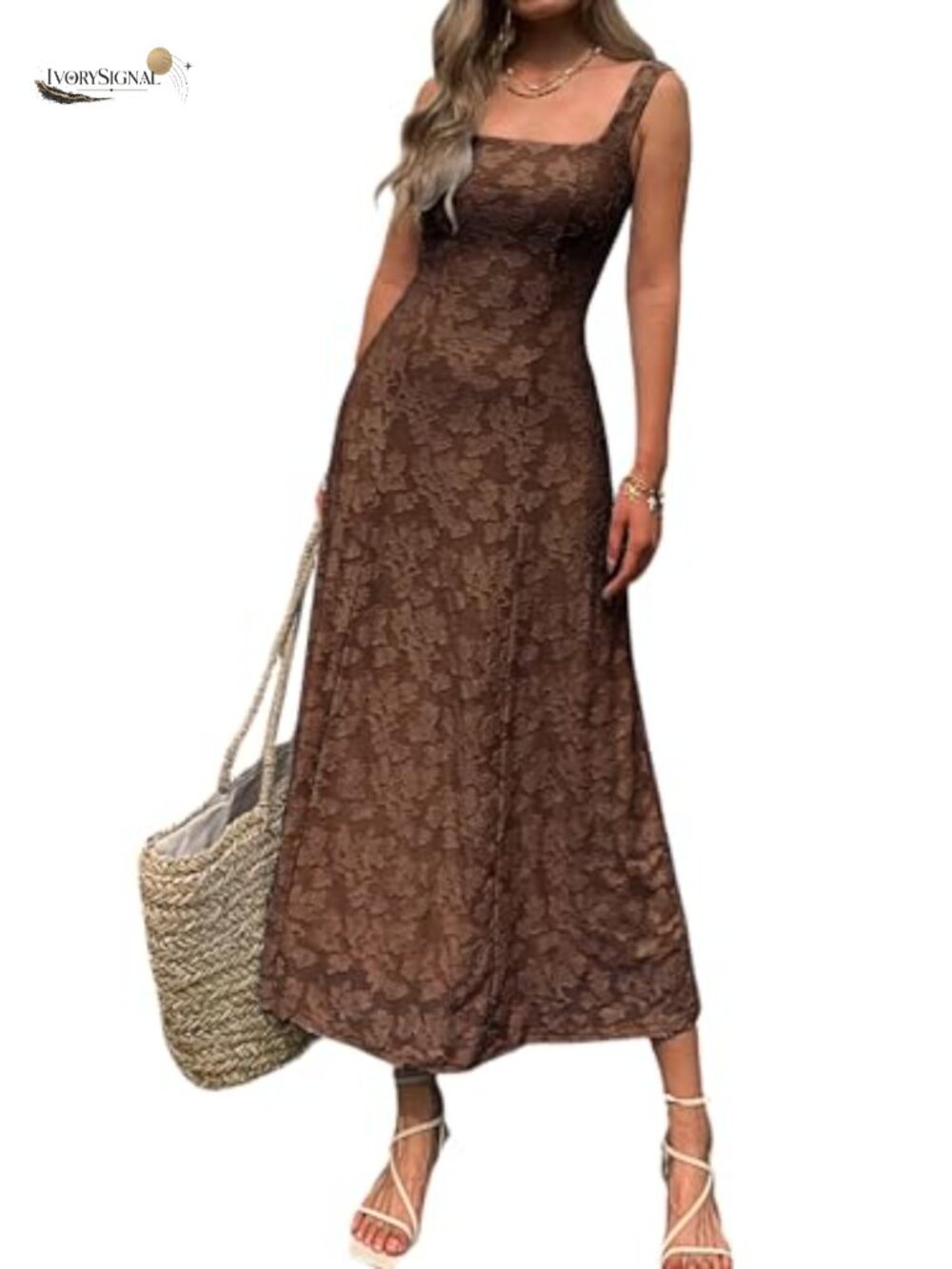 Women's Floral Jacquard Maxi Dress Square Neck Sleeveless A-Line Summer